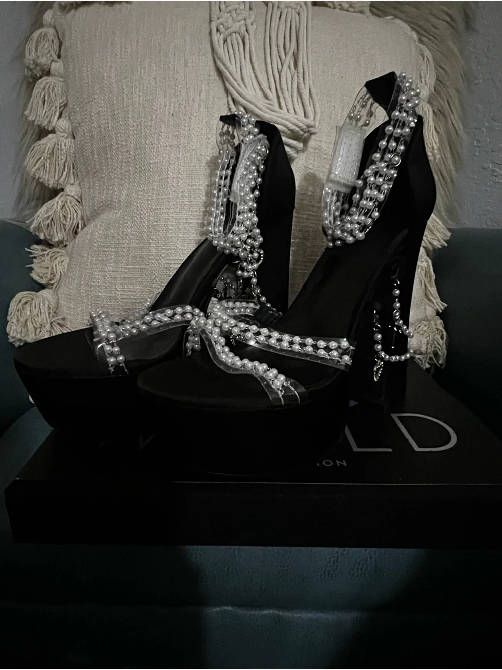 Black Pearl-Embellished Platform Heels